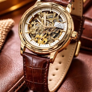 Puede incluir: Reloj de pulsera dorado con una correa de cuero marrón. La esfera del reloj presenta un diseño esqueleto, que revela los mecanismos internos. La correa mide aproximadamente 2,2 cm de ancho. El reloj se muestra sobre una superficie de cuero marrón.