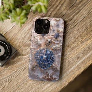 Funda para teléfono con diseño de tortuga marina y piedras preciosas / Carcasa protectora nacarada