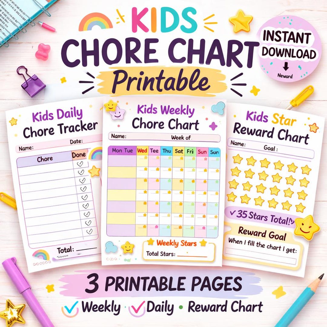 Kids Chore Chart Printable | Weekly Responsibility Chart | Star Reward ...
