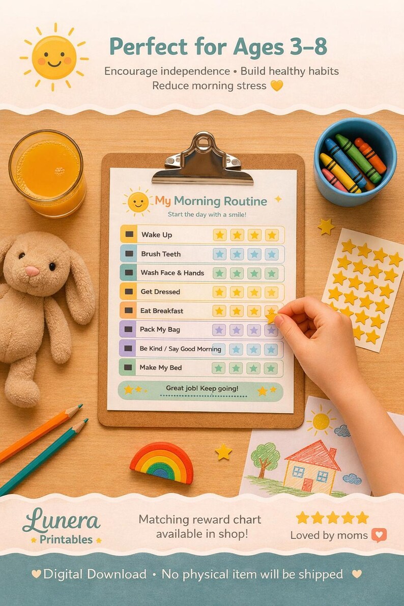 Morning Routine Chart for Kids, Printable Checklist, Toddler Habit ...