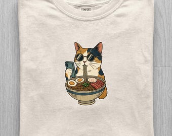Cat Ramen Unisex T-shirt, Cat Eating Sushi Funny Shirt, Graphic Tee for Cat Lovers, Vintage Kitty Top, Cool Casual Cat Print Shirt