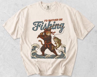 Funny Fishing Shirt, Ninja Cat Graphic Tee, Japanese Retro Fishing Tee, Comfort Colors Cat Shirt, Fishing Gift for Him