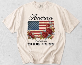 America 250 Years Floral Flag Shirt, 4th of July Rose Patriotic Tee, Comfort Colors Independence Day Shirt, USA Anniversary Gift