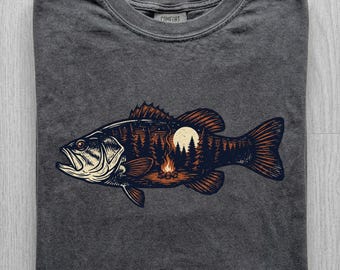 Bass Fishing Shirt Men, Vintage Moon Graphic Tee, Retro Fishing Gift for Him, Comfort Colors Bass Shirt, Outdoorsman Tee