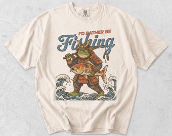 Funny Fishing Shirt Men, Retro Japanese Graphic Tee, I'd Rather Be Fishing, Samurai Frog Shirt, Comfort Colors Fishing Gift
