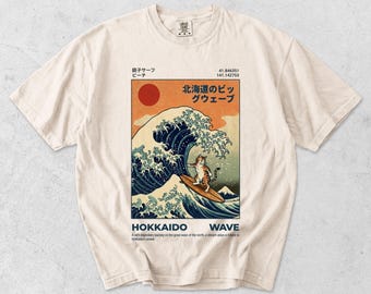 Hokkaido Cat Wave Shirt, Retro Japanese Surf T-Shirt, Ukiyo-e Great Wave Graphic Tee, Vintage Japan Beach Style Cotton Top