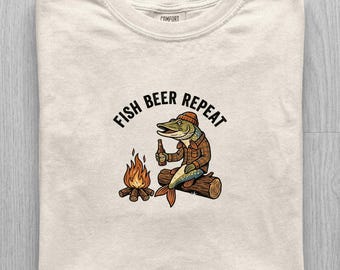 Funny Fishing Shirt Men, Fish Beer Repeat Graphic Tee, Fishing Gift for Him, Comfort Colors Fisherman Shirt, Outdoor Dad Tee