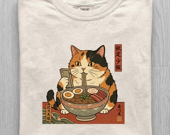 Cat Ramen Unisex T-shirt, Cat Eating Ramen Funny Shirt, Graphic Tee for Cat Lovers, Vintage Kitty Top, Cool Casual Cat Print Shirt