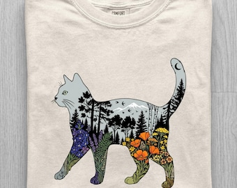 Comfort Colors Cat Plants Shirt, Nature Trees Wild Flowers Tees, Women Cat Lovers Tee, Mom Gift for Her