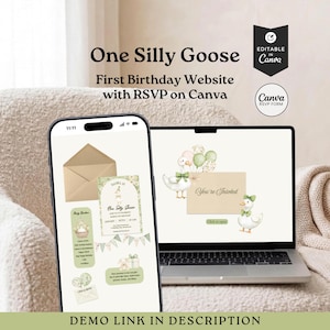 One Silly Goose First Birthday Party Website Template with RSVP |Neutral Watercolors Digital Invitiation | Edit in Canva Instant Download