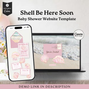 May include: A baby shower website template with a beach theme. The design features a smartphone and a laptop displaying pink invitations with seashell illustrations. The text "Shell Be Here Soon" and "You're Invited" are visible.
