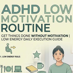 May include: An illustration with text reading "ADHD LOW MOTIVATION ROUTINE" and "GET THINGS DONE WITHOUT MOTIVATION". A woman sits on a couch. The image includes icons and text describing a daily execution guide.