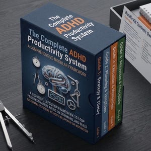 Peut inclure: Un coffret bleu foncé intitulé "The Complete ADHD Productivity System" avec des guides. Un chronomètre et un compas sont sur la surface sombre. Un bloc-notes et un planificateur sont dans une boîte grise.