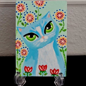 4 x 6, Whimsical Folk Art Painting on Canvas Board, Cat Art, Original Naïve Art, Primitive Art, Boho, Outsider, Artful Zeal