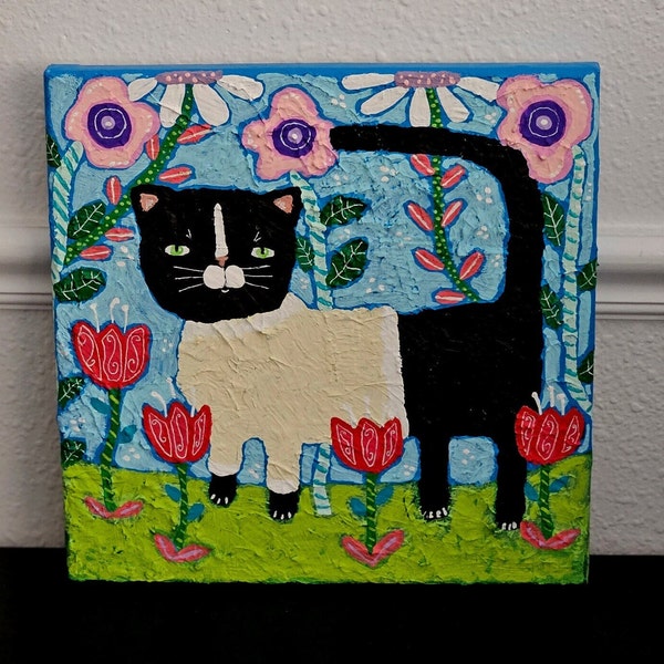 SALE, Whimsical Folk Art Painting on Canvas, Original Naïve Art, Boho, Black Cat Art,  Primitive, Outsider Art, Floral Art, Artful Zeal