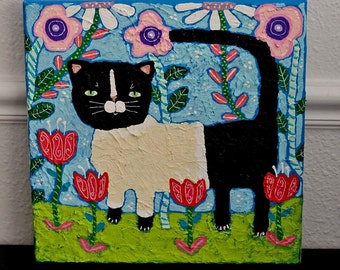 SALE, Whimsical Folk Art Painting on Canvas, Original Naïve Art, Boho, Black Cat Art,  Primitive, Outsider Art, Floral Art, Artful Zeal