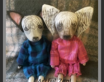 Animal Doll Pattern, Primitive Folk Art Doll, Chinese Crested Dog Doll, Dog Gift, Boho, Stuffed Dog, Cloth Doll Pattern, Artful Zeal