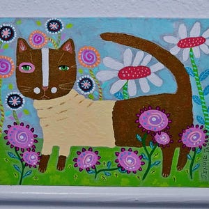 SALE, Whimsical Folk Art Painting on Canvas Board, Cat Art, Naïve Art, Flowers, Primitive Art, American Folk Art, Artful Zeal