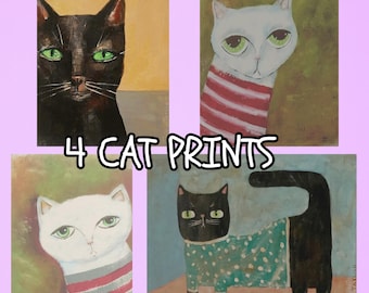 Folk Art Cat Prints, Whimsical Wall Decor (Digital Download)