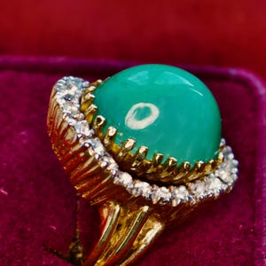 Panetta Vintage Ring, Sterling, Cocktailring, US-Modeschmuck, 50er / 60er Jahre, Mid-Century, goldfarben, grüner Glas-Stein Swarovski-Strass