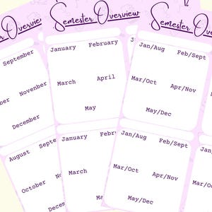 以下が含まれることがあります： 薄紫色の学期概要プランナーシートがいくつかあります。各シートには、筆記体フォントで「Semester Overview」というテキストがあります。シートは月のセクションに分かれており、年の月がリストされています。