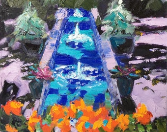 Botanical Gardens Fountain / Washington DC / Fine Art Print on Matte Archival Paper / Giclee / Green, Purple, Blue, Aqua, Orange