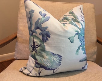 Sea life Watercolor Floral Pillow Covers / Shades of Blue and Aqua / Designer Fabric / Handmade Custom Home Decor Accent Pillows