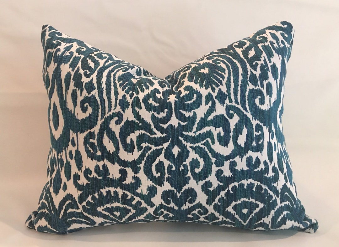 Teal and White Damask Pillow Cover / Designer Ikat Upholstery Etsy