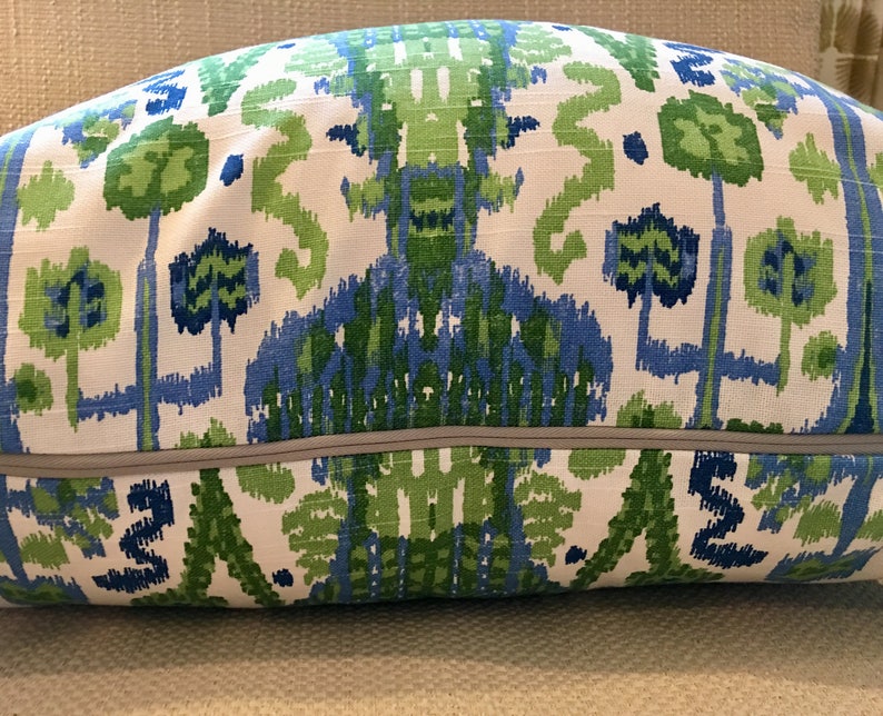 Kelly Green, Blue and Ivory Ikat Pillow Covers / Designer Fabric in Bombay Kelly / Handmade Home Decor Accent Pillows image 4