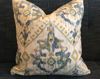 Blue, Turquoise, Gold and Ivory Medallion Pillow Cover / Designer Izza Chambray Fabric / Custom Made to Order