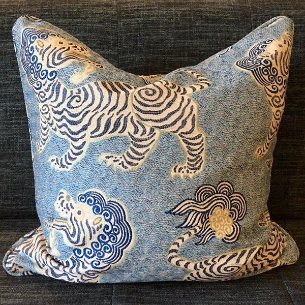 Chinoiseri Dragon Tiger Blue and White Pillow Covers / Kathmandu Porcelain Designer Fabric / Custom Handmade Home Decor