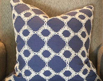 Embroidered Ivory Ribbon and Blue Geometric Pillow Covers / Designer Fabric / Handmade Home Decor Accent Pillows