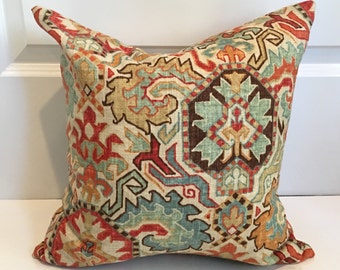 Red, Blue, Brown, Gold and Ivory Damask Pillow Covers in Richloom Madrid Persia