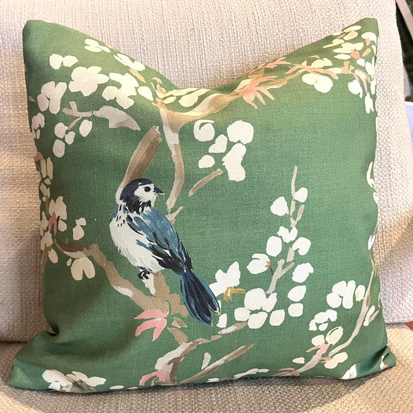 Green Bird Floral Pillow Covers / Designer Fabric / Green, Blue, Pink and Ivory / Handmade Home Decor