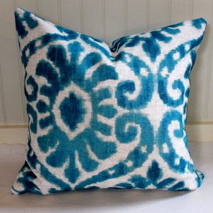 Turquoise and Ivory Ikat Designer Pillow Cover / Stabilized Linen Upholstery / Handmade Home Decor / In Stock