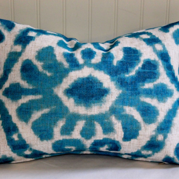 Turquoise and Ivory Floral Medallion Pillow Cover / 14 X 18 / Linen Designer Upholstery/ Handmade Home decor / IN STOCK