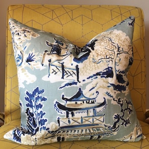 Asian Pagoda / Blue, Grey and Ivory Toile Pillow Covers  / Designer Hamilton Ming Toile Rain Fabric / Custom Made to Order