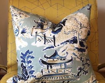 Asian Pagoda / Blue, Grey and Ivory Toile Pillow Covers  / Designer Hamilton Ming Toile Rain Fabric / Custom Made to Order