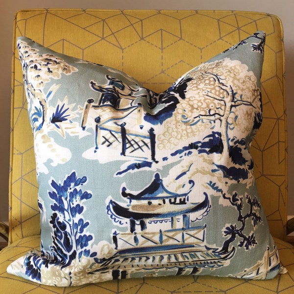 Asian Pagoda / Blue, Grey and Ivory Toile Pillow Covers  / Designer Hamilton Ming Toile Rain Fabric / Custom Made to Order