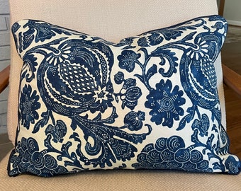 Indigo Blue and Ivory White Floral Pillow Cover / Batik Indigo Designer Fabric with Solid Ivory Back and Navy Cording/ Fits 16 x 16 Insert