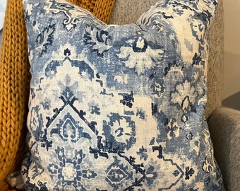 Blue and Ivory Damask Pillow Cover  / Designer Fabric / Handmade Home Decor Accent Pillow