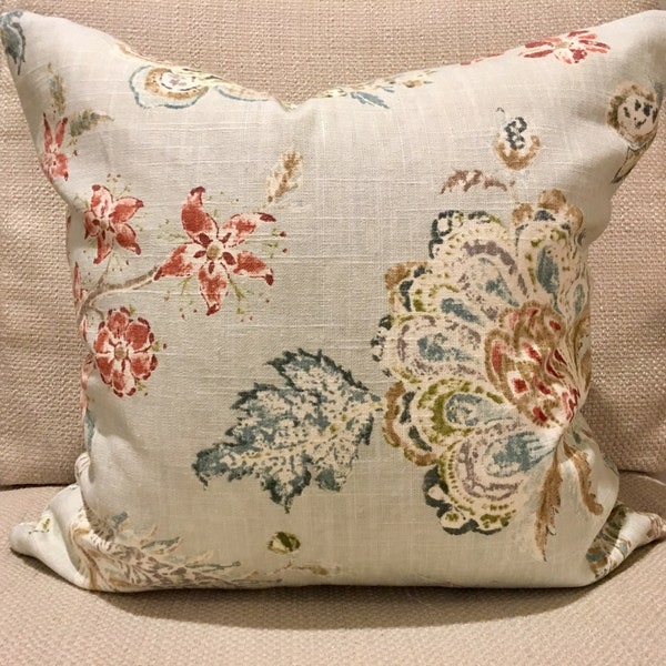 Aqua, Red, Green and Brown Floral Linen Pillow Cover / Retreat Designer Fabric / Handmade Home Decor Accent Pillows / In Stock