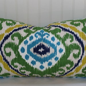 Green, Blue, Yellow and Ivory Medallion Ikat Pillow Cover / 16 x 26 / Same Designer Fabric Both Sides / In Stock image 1