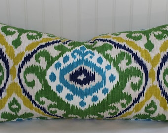 Green, Blue, Yellow and Ivory Medallion Ikat Pillow Cover / 16 x 26 / Same Designer Fabric Both Sides  / In Stock