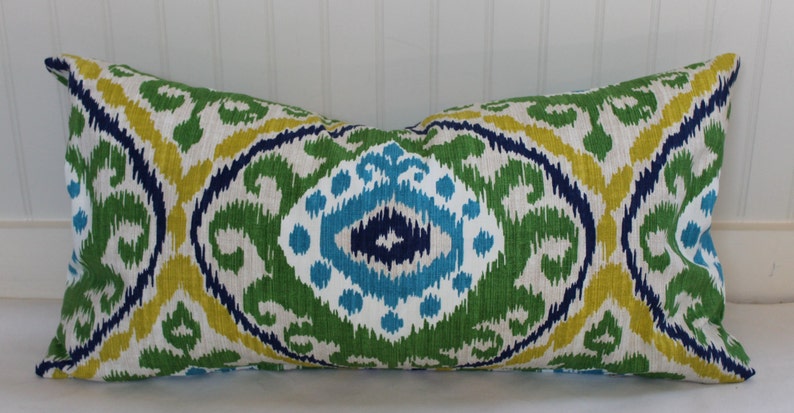 Green, Blue, Yellow and Ivory Medallion Ikat Pillow Cover / 16 x 26 / Same Designer Fabric Both Sides / In Stock image 1