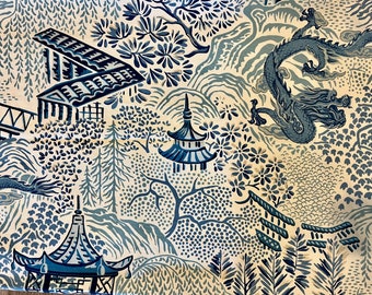 Asian Pagoda / Blue and Ivory Chinoiserie Toile Pillow Covers  / Designer Vern Yip Fabric / Handmade Home Decor Accent Pillows