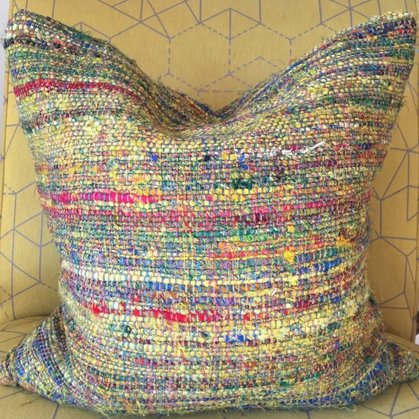 Yellow, Green, Red, Blue Basketweave Pillow Cover / 10 x 20 / Designer Boucle Fabric with Citron Yellow Upholstery Back