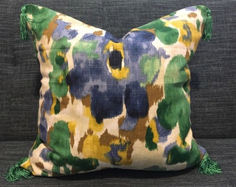 Modern Blue, Green, Yellow and Brown Floral Watercolor Pillow Covers / Designer Robert Allen Linen Fabric with Green Tassel Trim /  In Stock
