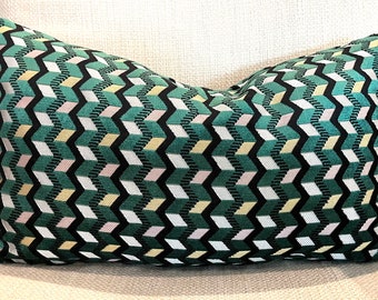 Green, Gold and Black Cut Velvet Geometric Pillow Cover / Designer Velvet Upholstery / Handmade Home Decor Accent Pillow