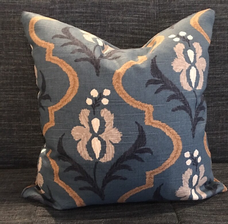 Blue Brown and Ivory Damask Pillow Covers / Designer Robert Etsy